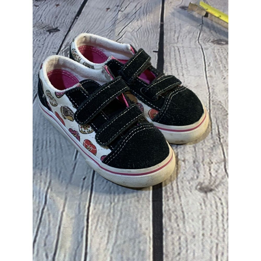 VANS Old Skool Hook and Loop Shoes Baby Toddlers Black Leather Heart Donuts - 9